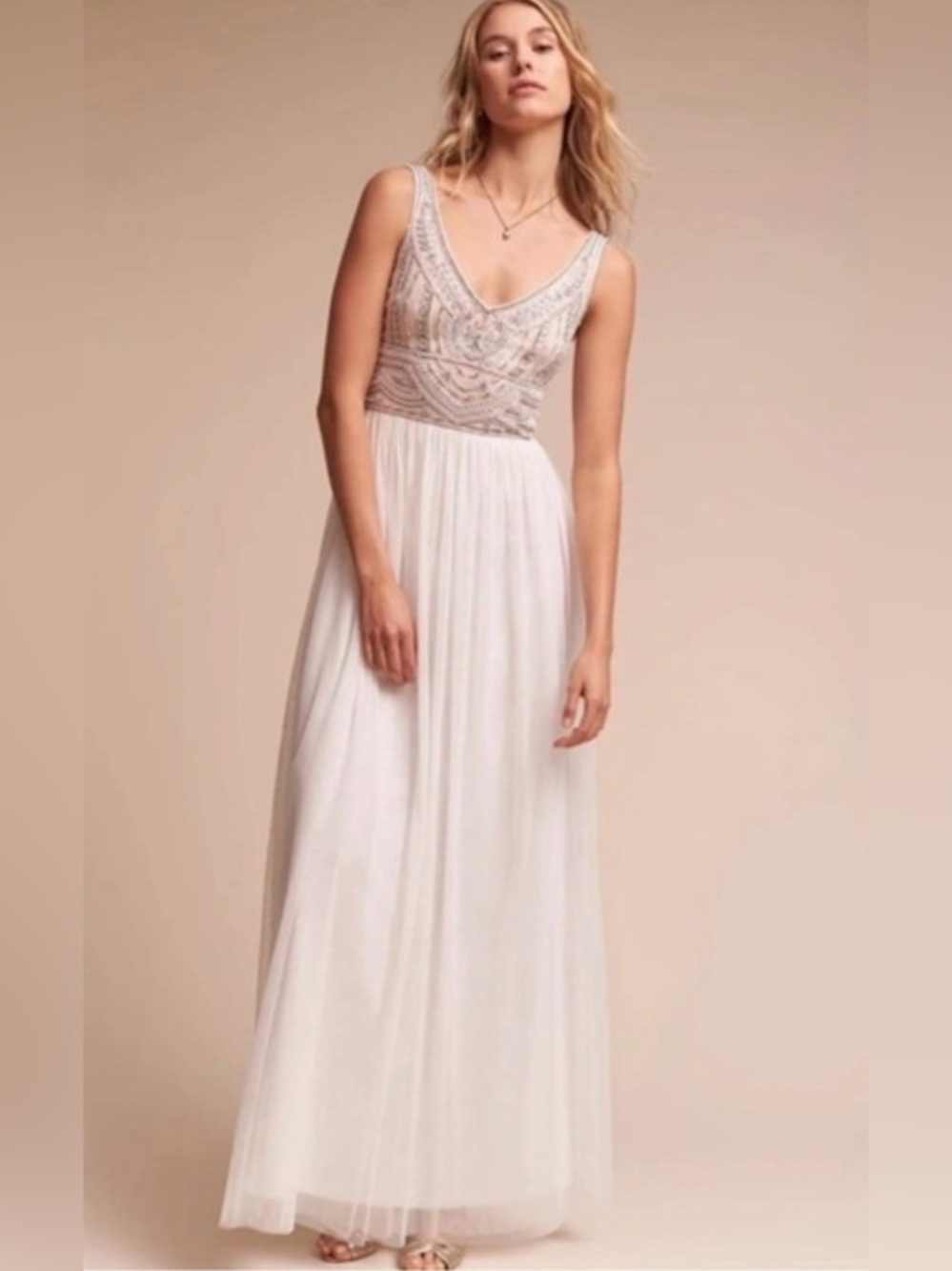 BHLDN Sterling Gown Maxi Dress Wedding Bridesmaid 10 Beaded Beige Off White